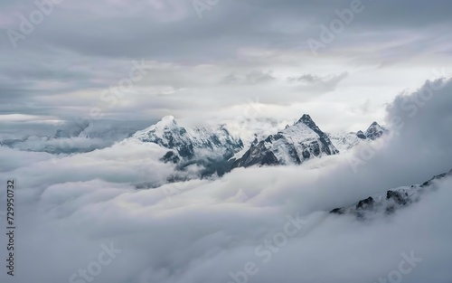 Wonderful minimalist landscape with big snowy mountain peaks above low clouds.