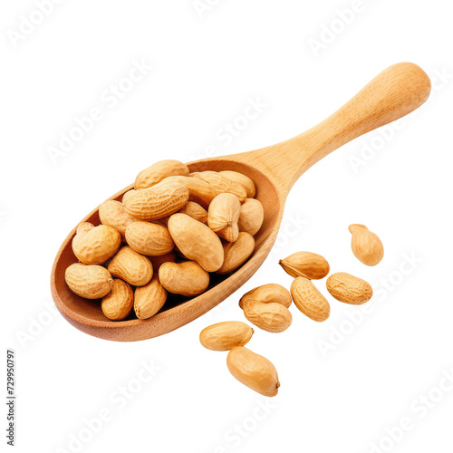 Roasted peanuts in the wooden spoon isolated on transpalate background, png