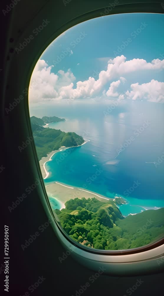 Scenic view of a lush tropical island from an airplane window Scenic view of a lush tropical island from an airplane window