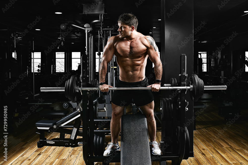 Naklejka premium Young muscular man lifting a barbell bench press in the gym. Beautiful body, goal achievement, Sport as a way of life.