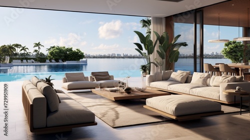A contemporary luxury living room features an open-concept layout with seamless transitions to a private patio and infinity pool