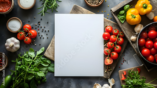 Rectangular blank white empty paper board with vegetables mockup on the kitchen table for text advertising message, space for text, healthy food cooking recipe menu concept photo