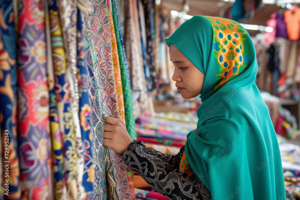 woman in vibrant hijab browsing fabric at a market stall