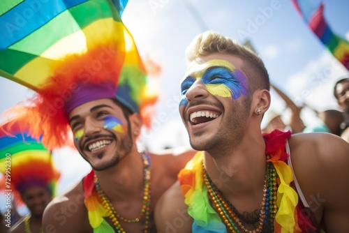 Happy smiling young couples in lgbt festival celebration 