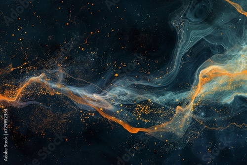 Abstract Composition with Dark Deep Blue Background Speckled with Tiny Flecks of Orange, White, and Gold Paint - Overlaid on Starry, Cosmic-Like Backdrop Lines created with Generative AI Technology
