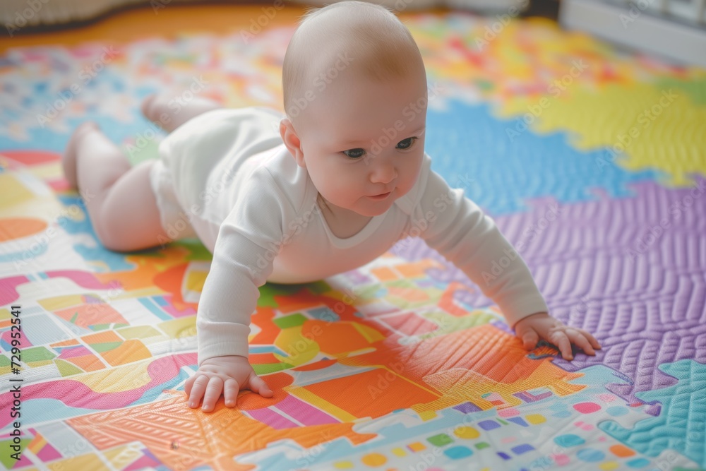 baby crawling in a white onesie on a colorful play mat baby crawling in a white onesie on a colorful play mat