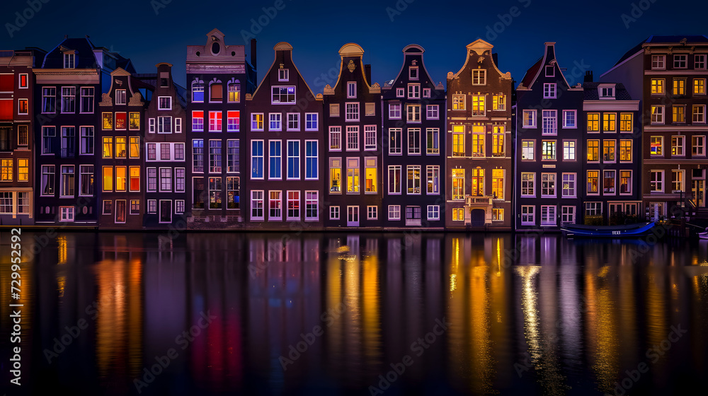 Amsterdam after dark: illuminated canal houses and their mirrored reflections
