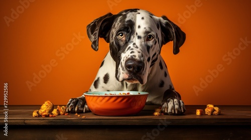 a front view of dog eating Pumpkin in a bowl on a bright colored background_.jpg © Asad