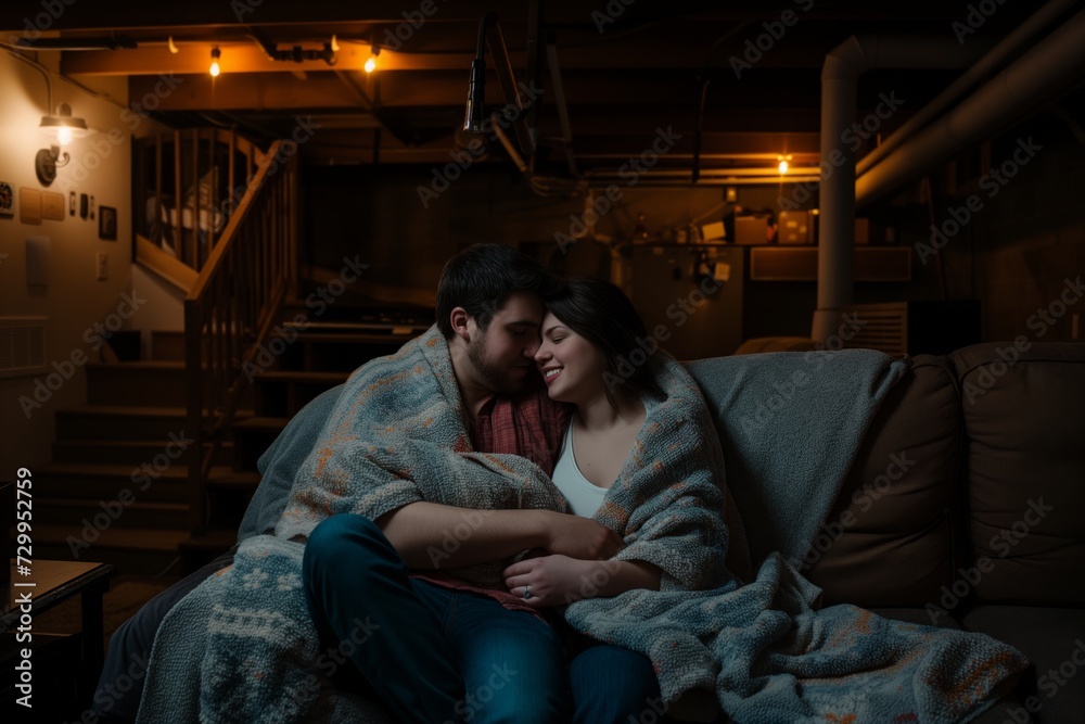 couple snuggling under a blanket on a couch in a basement with dim lighting