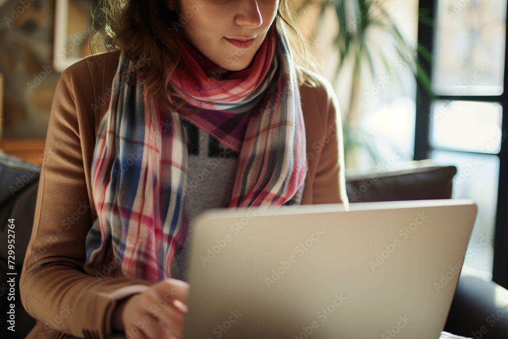 woman with scarf tied around her neck, working on a laptop woman with scarf tied around her neck, working on a laptop