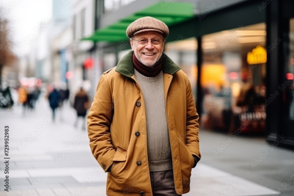 Portrait of happy senior man in coat and cap on city street Portrait of happy senior man in coat and cap on city street