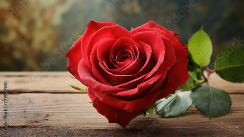 Heart-shaped red rose cut with stem and leaves on a wooden board