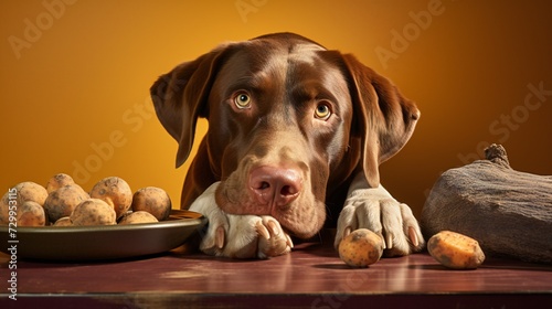 a front view of dog eating Sweet Potatoes on a bright colored background_.jpg