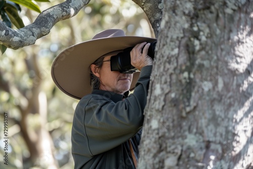 birdwatcher with a widebrim hat using a tree hide for cover