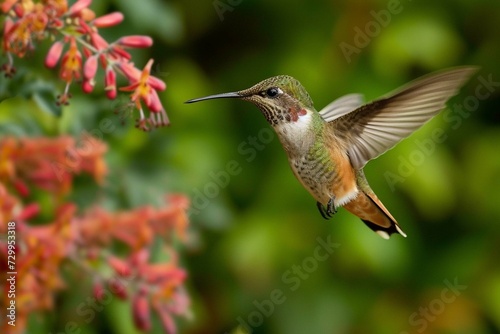 A plumeleteer hummingbird hovers by the flying