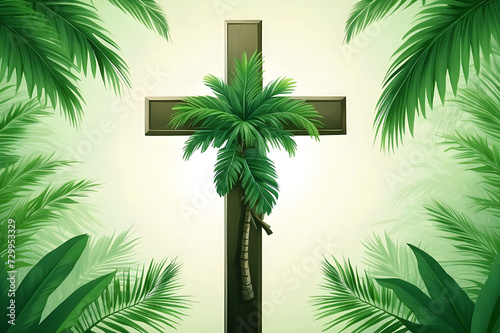 Christian wooden cross with palm tree leaves background 