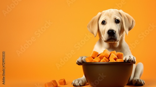 a front view of dog eating Sweet Potatoes in a bowl on a bright colored background_.jpg