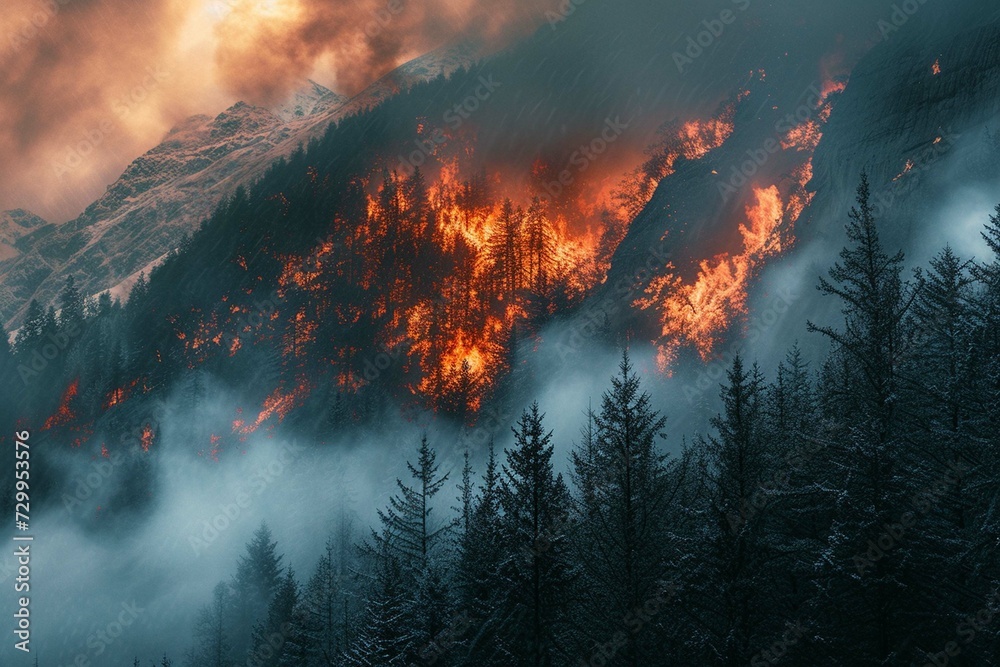 Forest fire in the mountains.