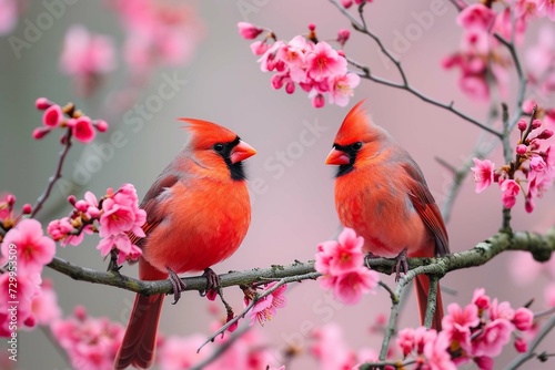 Couple of Northern cardinal birds on cherry © MUmar