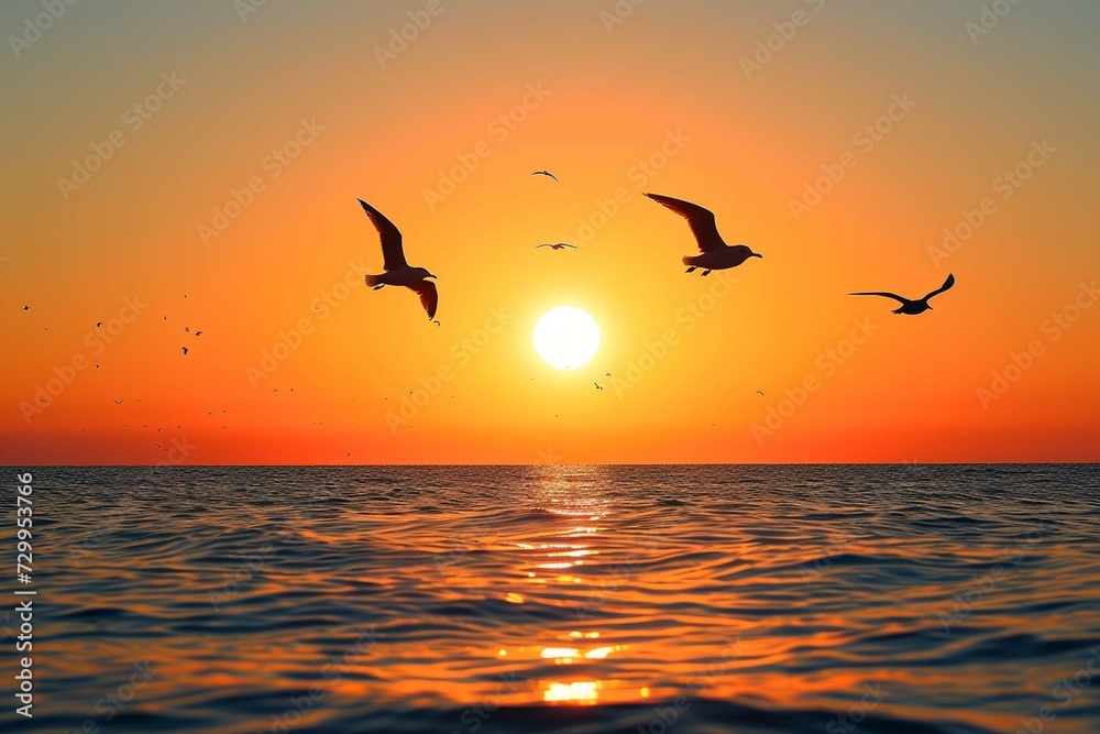 Sunset over the water with birds flying