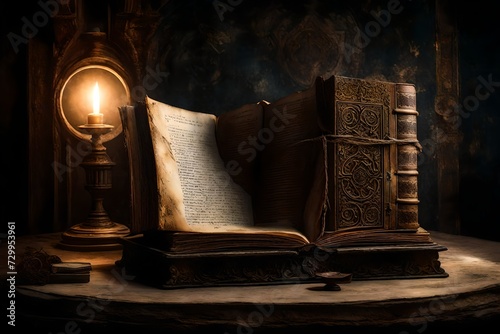 large old antique book placed on the table like desk on the top place abstract background 