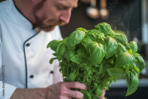 chef inspecting a bouquet of fresh basil before chopping