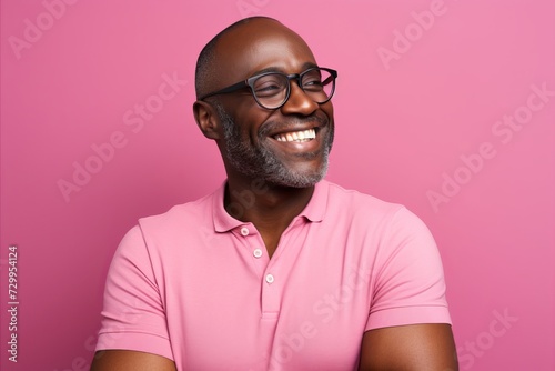 Portrait of smiling african american man in eyeglasses against pink background