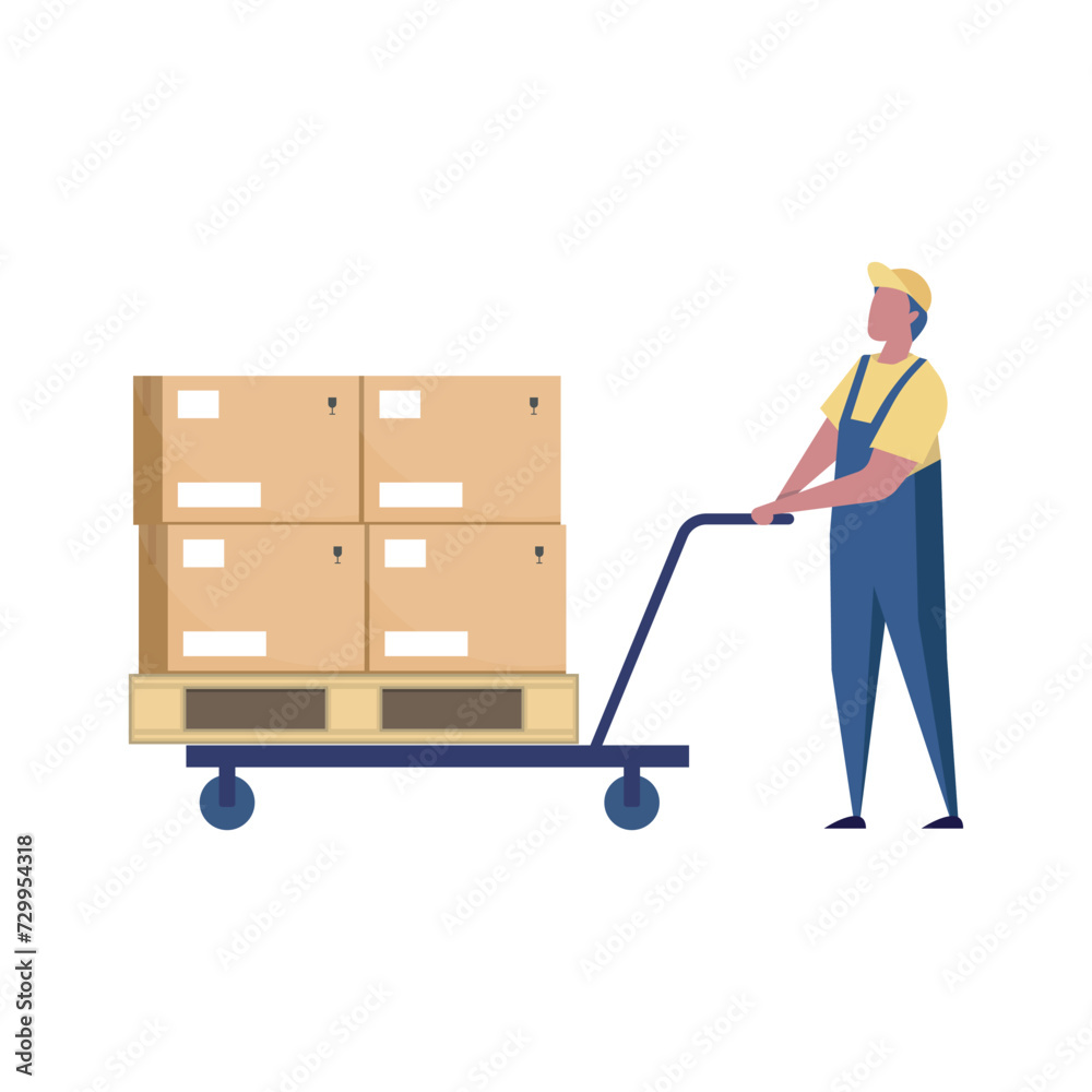 A man with a manual forklift with a pallet of boxes on it. Vector illustration A man with a manual forklift with a pallet of boxes on it. Vector illustration