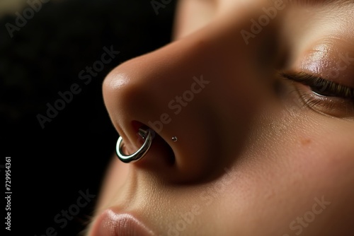 closeup of a shiny septum ring under a nose