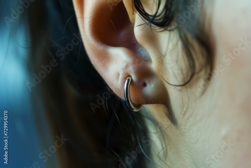 closeup of a helix piercing with a small hoop photo