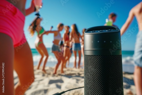 closeup of a black bluetooth speaker with teens dancing at a beach party photo