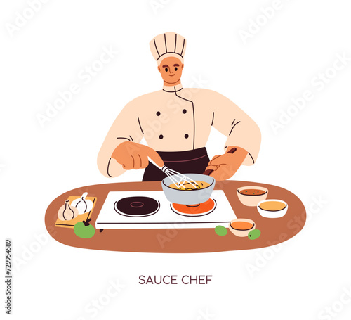 Chef cook making sauce, gourmet gravy. Professional in culinary hat cooking dish, stirring food with whisk, heating on cooker. Kitchen worker. Flat vector illustration isolated on white background