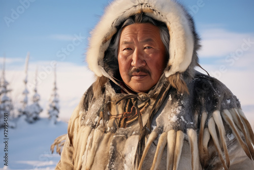 Portrait of an Inuit elder wearing fur parka in snowy landscape