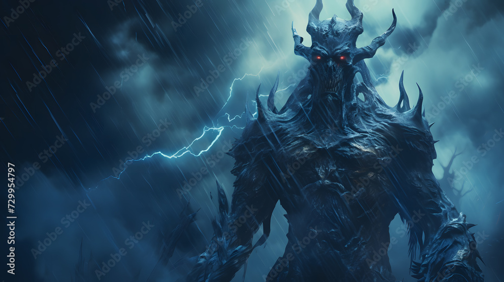 Demon with blue lightning, devil. Neural network AI generated art Demon with blue lightning, devil. Neural network AI generated art