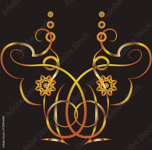 Fantasy illustration with swirls, flowers. Symmetrical ornament, applique, background with space for inscription. Gold gradient on a black background for printing on fabric, applique and cards.