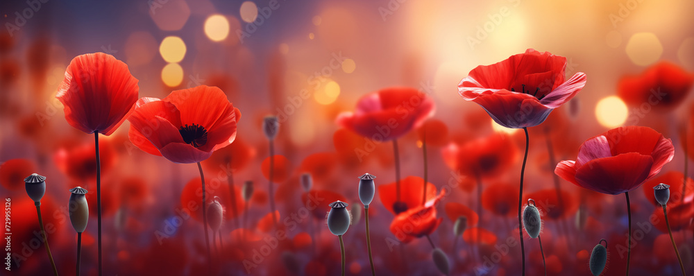 Field of red poppy wild flowers in the morning warm light, generative AI - obrazy, fototapety, plakaty 