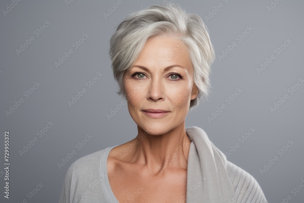 Portrait of a beautiful senior woman with grey hair, isolated on grey background Portrait of a beautiful senior woman with grey hair, isolated on grey background