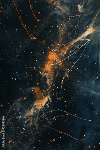 Abstract Composition with Dark Deep Blue Background Speckled with Tiny Flecks of Orange, White, and Gold Paint - Overlaid on Starry, Cosmic-Like Backdrop Lines created with Generative AI Technology