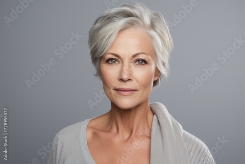 Portrait of a beautiful senior woman with grey hair, isolated on grey background