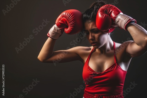 female boxer adjusting hair, gloves on, determined © studioworkstock