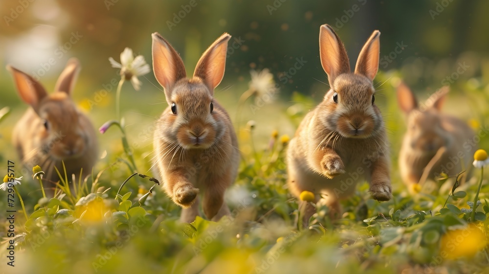 rabbits running in a beautiful farm field. farm environment, nature and farm animals rabbits running in a beautiful farm field. farm environment, nature and farm animals