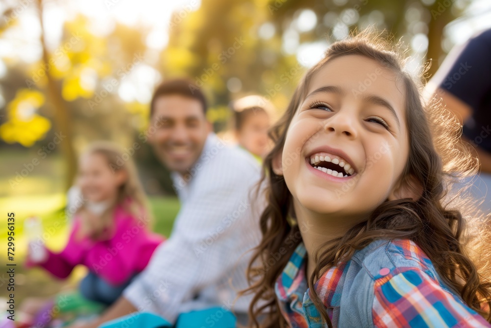 Fototapeta premium family laughing together with picnic in foreground