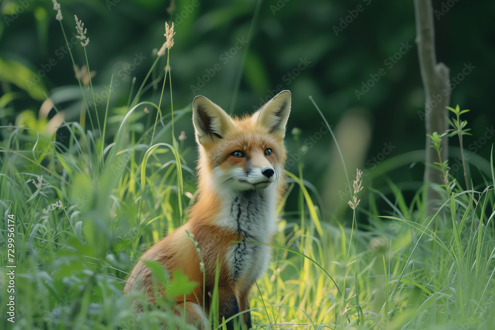 Obraz premium Red Fox Sitting in Tall Grass