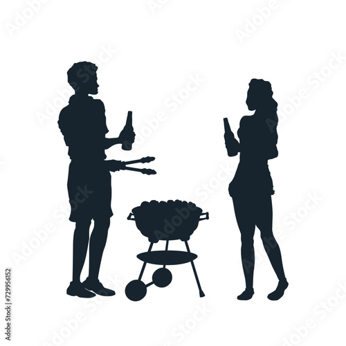 Barbecue party. Isolated silhouette of friends with grill. Summer picnic scene. Black BBQ drawing. Family cooking meat and drinking beer. Outdoor lunch
