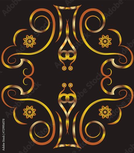 Fantasy ornament with curls and flowers. Symmetrical ornament, applique, background with space for inscription. Gold gradient on a black background for printing on fabric, applique and cards.