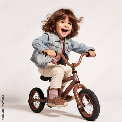 girl riding a balance bike on a white background