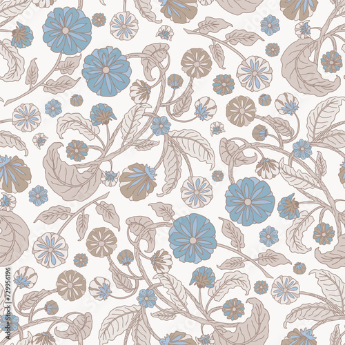 Pastel earth tone seamless pattern of stylised flowers on white background.