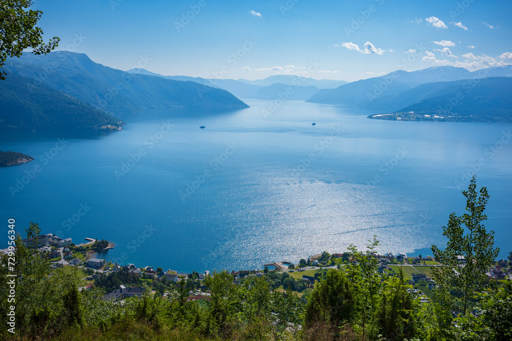 The pleasant fjord town of Balestrand, located on Sognefjord, is a small tourist town, pictured here from a hiking trip.