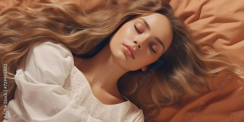 睡眠の画像。女性がベッドで気持ちよさそうにすやすや眠っている 睡眠の画像。女性がベッドで気持ちよさそうにすやすや眠っている