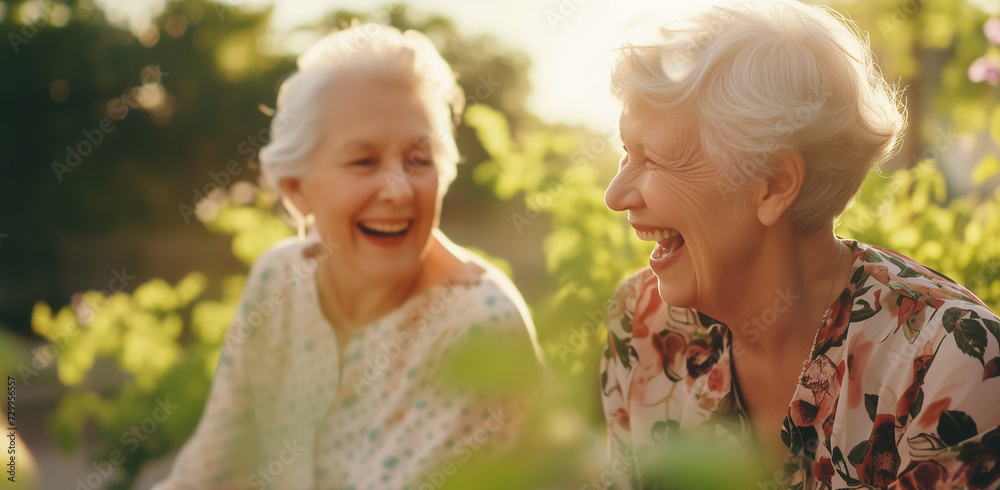 elderly friends laughing together in the park elderly friends laughing together in the park